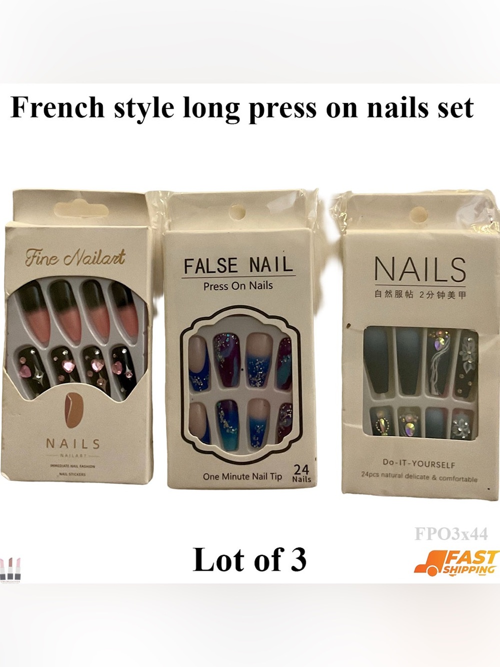 French style long press on nails set lot of 3